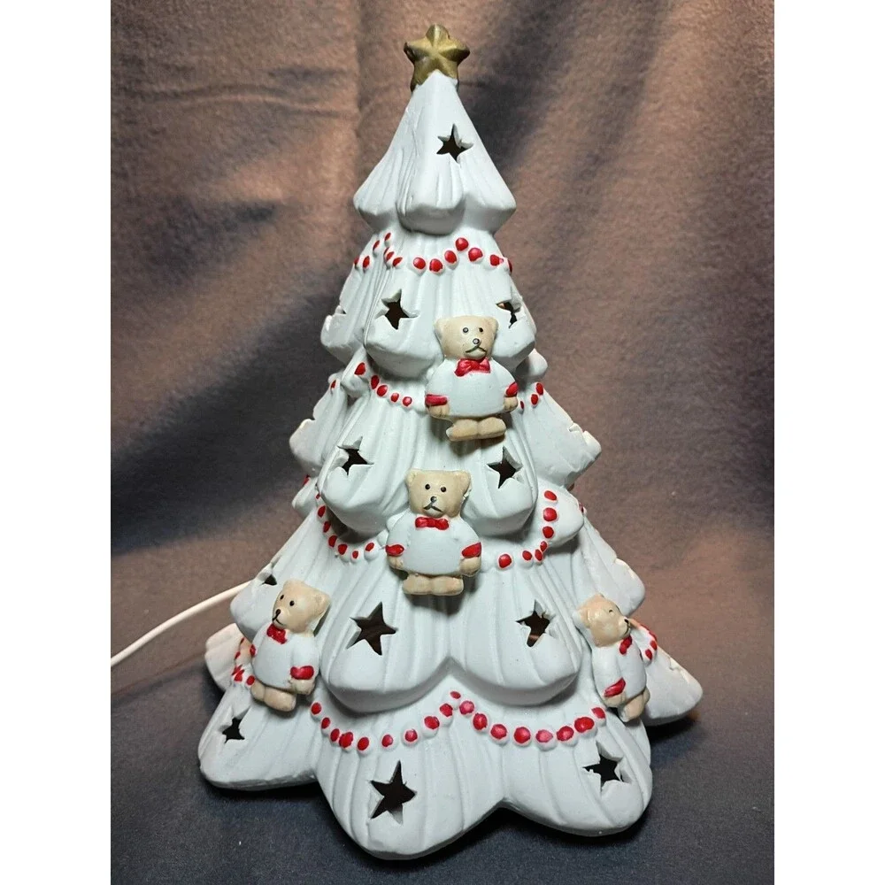 Vintage White Porcelain Lighted Christmas Tree Teddy Bears 9